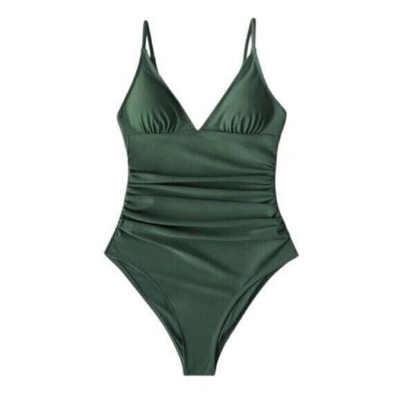 Cupshe Womens 1 Piece Swimsuit Large Green Ruched Tummy Control Adjustable Strap - Picture 5 of 9